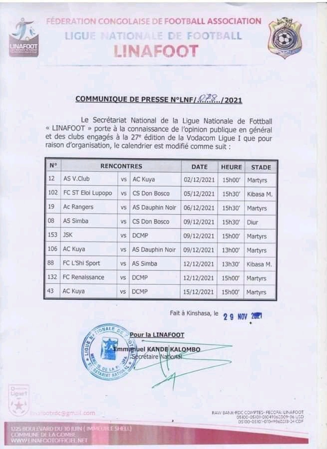 Football-Linafoot D1: Publication de la suite du calendrier.